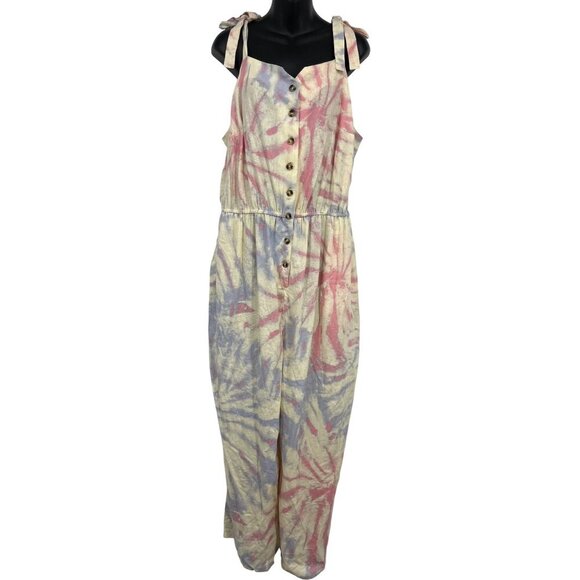 ModCloth Women Jumpsuit Romper Tie Dye Plus Size 2X Pockets Linen Cream New - Picture 1 of 10